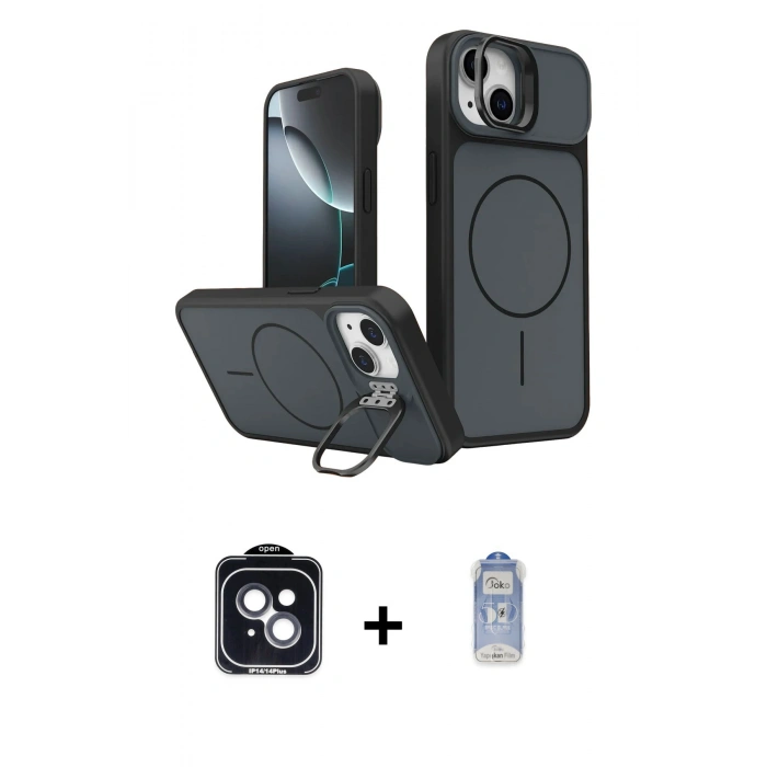 MARSİLYAN™- iPhone 14 Kılıf İz Modern Prime - Siyah Joko Magic 5D Cam + PVD Metal Kamera Lens - SH