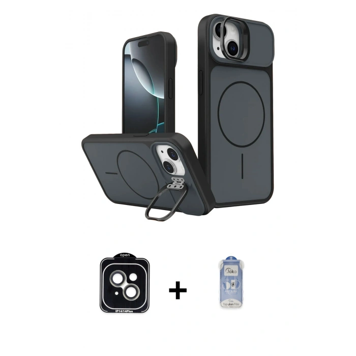 MARSİLYAN™- iPhone 14 Kılıf İz Modern Prime - Siyah Joko Magic 5D Cam + PVD Metal Kamera Lens - YL