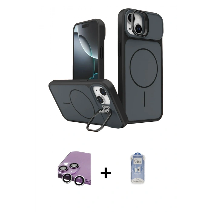 MARSİLYAN™- iPhone 14 Kılıf İz Modern Prime - Siyah Joko Magic 5D Cam + Raze Metal Kamera Lens - GS