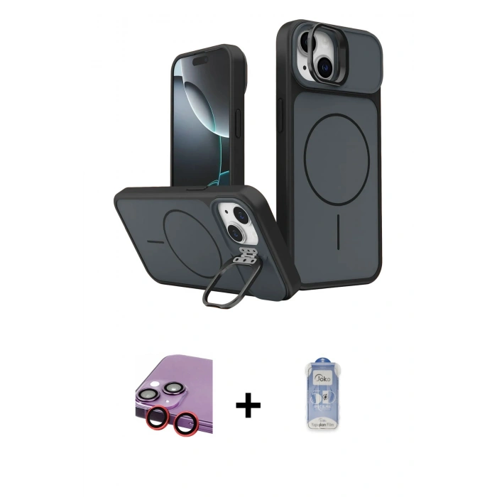 MARSİLYAN™- iPhone 14 Kılıf İz Modern Prime - Siyah Joko Magic 5D Cam + Raze Metal Kamera Lens - KI