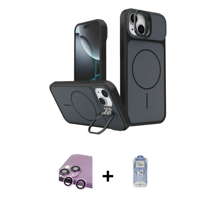 MARSİLYAN™- iPhone 14 Kılıf İz Modern Prime - Siyah Joko Magic 5D Cam + Raze Metal Kamera Lens - MR