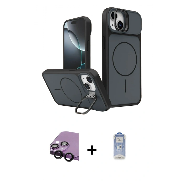 MARSİLYAN™- iPhone 14 Kılıf İz Modern Prime - Siyah Joko Magic 5D Cam + Raze Metal Kamera Lens - SH