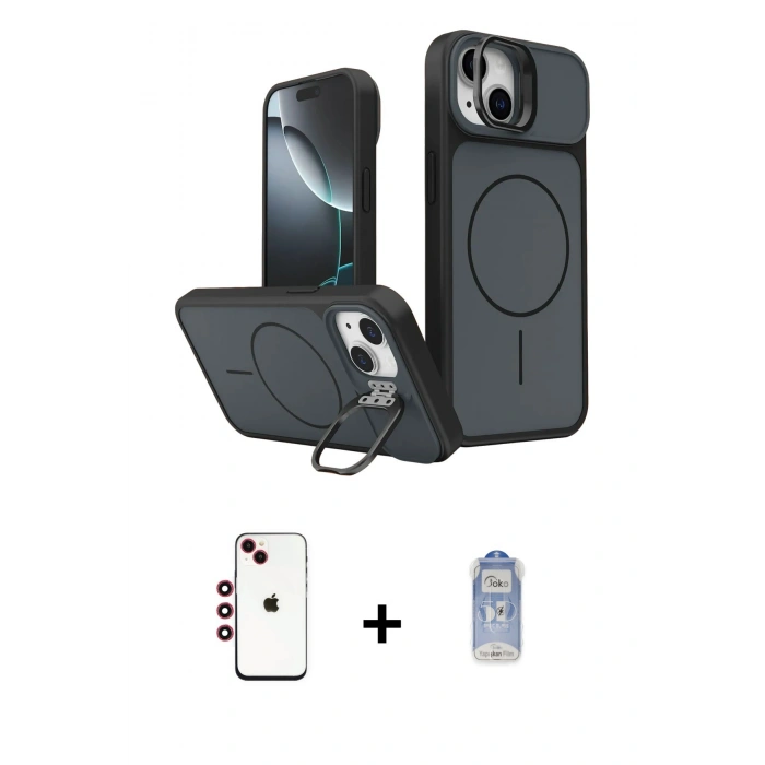 MARSİLYAN™- iPhone 14 Kılıf İz Modern Prime - Siyah Joko Magic 5D Cam + Shine Kamera Lens - KI
