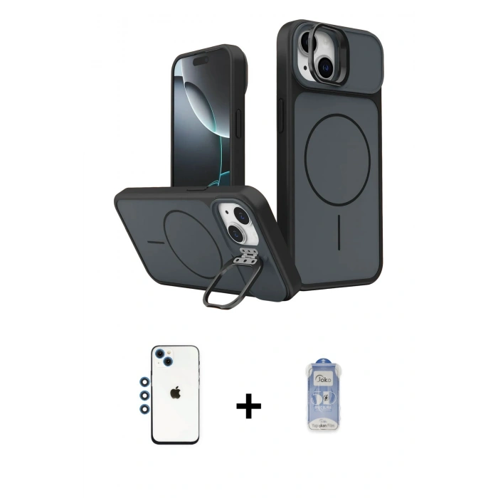 MARSİLYAN™- iPhone 14 Kılıf İz Modern Prime - Siyah Joko Magic 5D Cam + Shine Kamera Lens - MI
