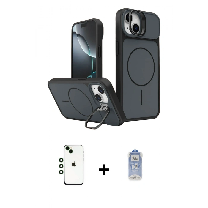 MARSİLYAN™- iPhone 14 Kılıf İz Modern Prime - Siyah Joko Magic 5D Cam + Shine Kamera Lens - YL