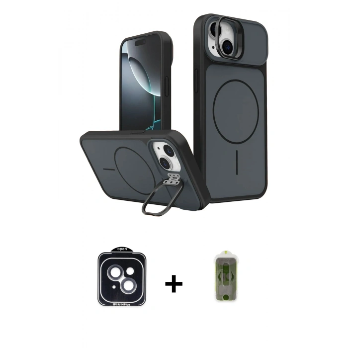 MARSİLYAN™- iPhone 14 Kılıf İz Modern Prime - Siyah Joko Magic 5D Hayalet Cam + PVD Metal Kamera Lens - SH