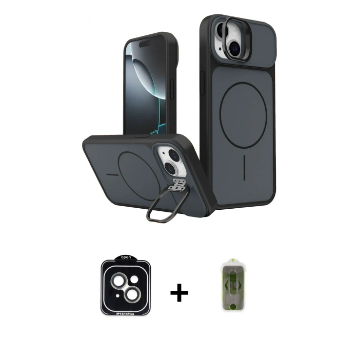 MARSİLYAN™- iPhone 14 Kılıf İz Modern Prime - Siyah Joko Magic 5D Hayalet Cam + PVD Metal Kamera Lens - YL