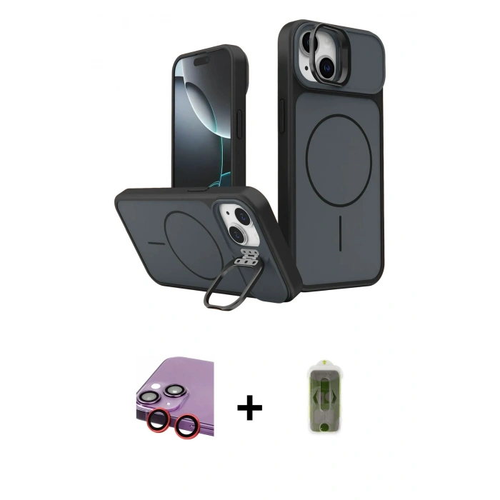 MARSİLYAN™- iPhone 14 Kılıf İz Modern Prime - Siyah Joko Magic 5D Hayalet Cam + Raze Metal Kamera Lens - KI
