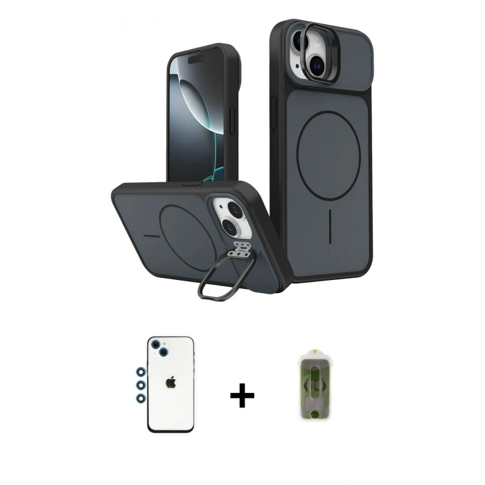 MARSİLYAN™- iPhone 14 Kılıf İz Modern Prime - Siyah Joko Magic 5D Hayalet Cam + Shine Kamera Lens - MI