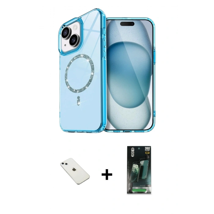 MARSİLYAN™- iPhone 14 Kılıf Kıvılcım Form Prime - Şeffaf 360 Full Body Arka Koruyucu + Diamond Kamera Lens - SABE