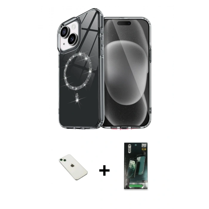 MARSİLYAN™- iPhone 14 Kılıf Kıvılcım Form Prime - Şeffaf 360 Full Body Arka Koruyucu + Diamond Kamera Lens - YL