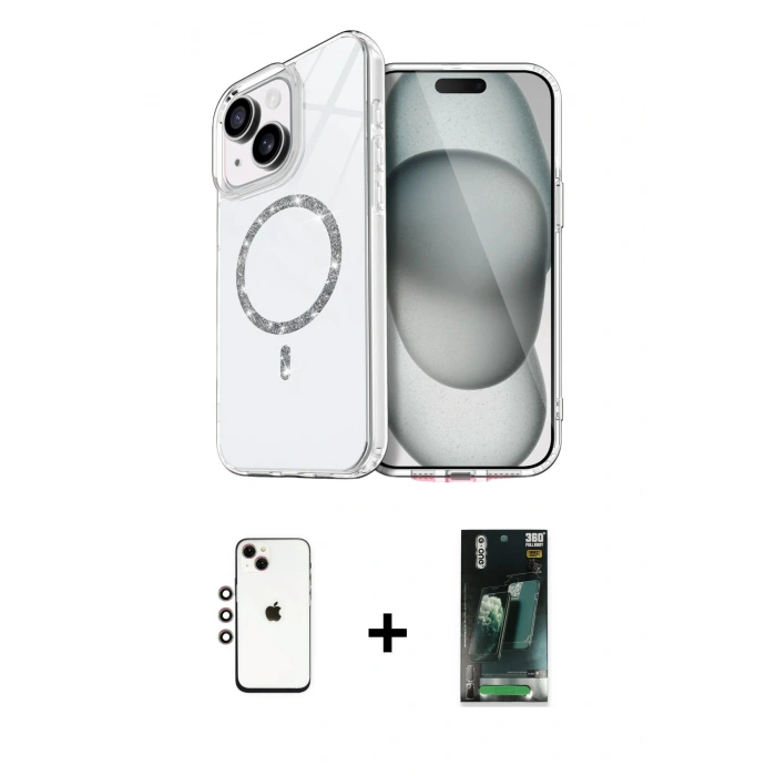 MARSİLYAN™- iPhone 14 Kılıf Kıvılcım Form Prime - Şeffaf 360 Full Body Arka Koruyucu + Shine Kamera Lens - GI