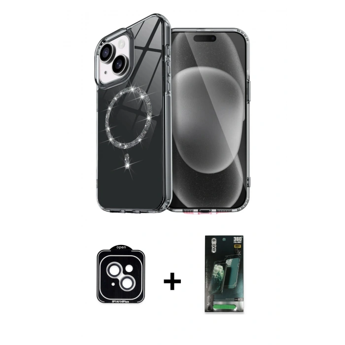 MARSİLYAN™- iPhone 14 Kılıf Kıvılcım Form Prime - Şeffaf 360 Full Body Arka Koruyucu + PVD Metal Kamera Lens - GS