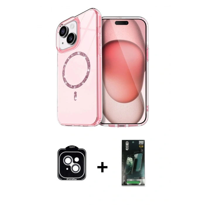 MARSİLYAN™- iPhone 14 Kılıf Kıvılcım Form Prime - Şeffaf 360 Full Body Arka Koruyucu + PVD Metal Kamera Lens - GS