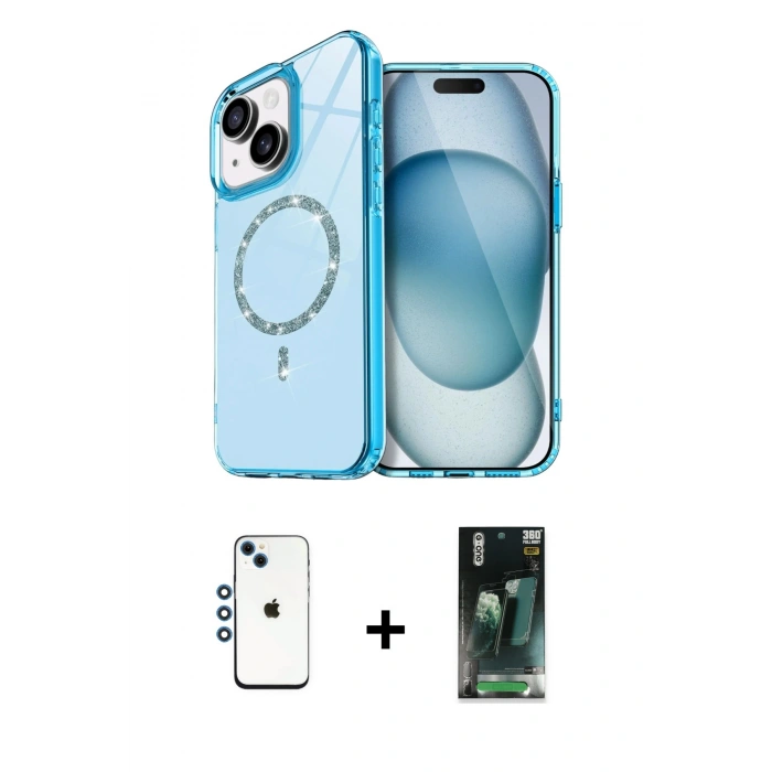 MARSİLYAN™- iPhone 14 Kılıf Kıvılcım Form Prime - Şeffaf 360 Full Body Arka Koruyucu + Shine Kamera Lens - MI