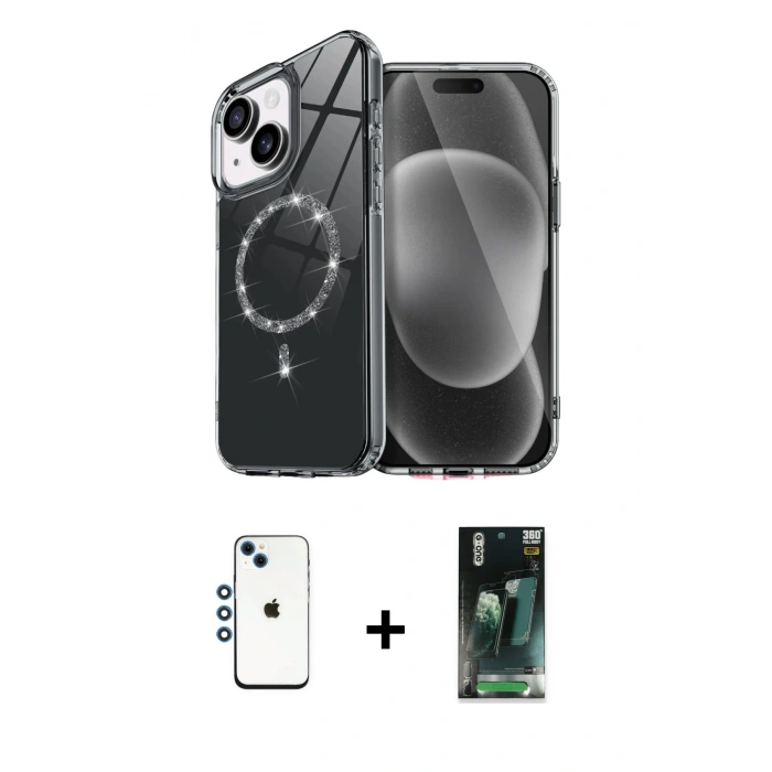 MARSİLYAN™- iPhone 14 Kılıf Kıvılcım Form Prime - Şeffaf 360 Full Body Arka Koruyucu + Shine Kamera Lens - MI