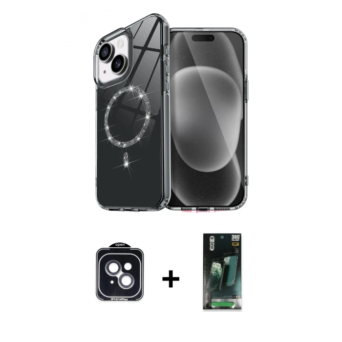 MARSİLYAN™- iPhone 14 Kılıf Kıvılcım Form Prime - Şeffaf 360 Full Body Arka Koruyucu + PVD Metal Kamera Lens - SH