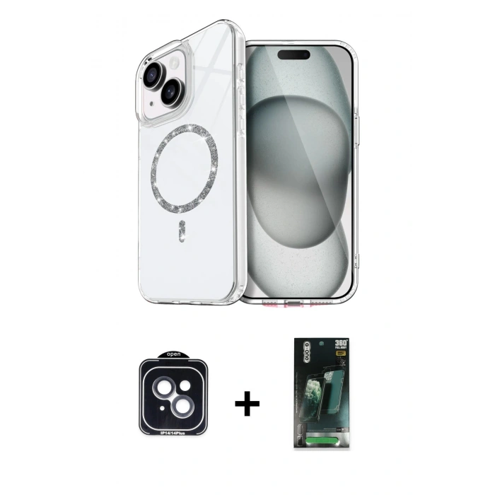 MARSİLYAN™- iPhone 14 Kılıf Kıvılcım Form Prime - Şeffaf 360 Full Body Arka Koruyucu + PVD Metal Kamera Lens - SH