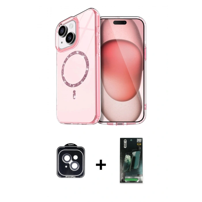 MARSİLYAN™- iPhone 14 Kılıf Kıvılcım Form Prime - Şeffaf 360 Full Body Arka Koruyucu + PVD Metal Kamera Lens - SH
