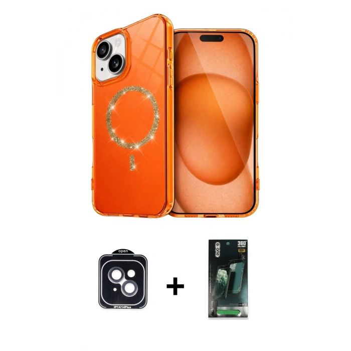 MARSİLYAN™- iPhone 14 Kılıf Kıvılcım Form Prime - Şeffaf 360 Full Body Arka Koruyucu + PVD Metal Kamera Lens - SH