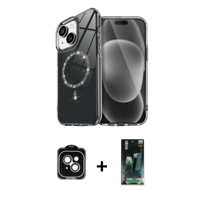 MARSİLYAN™- iPhone 14 Kılıf Kıvılcım Form Prime - Şeffaf 360 Full Body Arka Koruyucu + PVD Metal Kamera Lens - YL