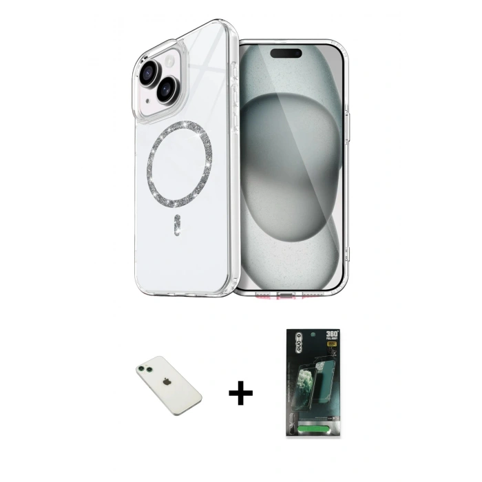 MARSİLYAN™- iPhone 14 Kılıf Kıvılcım Form Prime - Şeffaf 360 Full Body Arka Koruyucu + Diamond Kamera Lens - YL