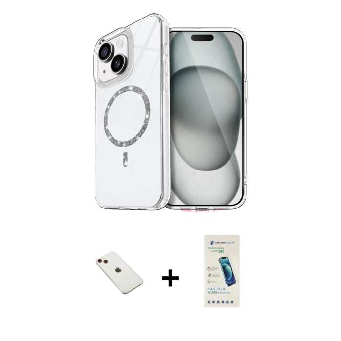 MARSİLYAN™- iPhone 14 Kılıf Kıvılcım Form Prime - Şeffaf Pasifik Cam Ekran Koruyucu + Diamond Kamera Lens - KI
