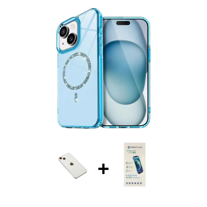 MARSİLYAN™- iPhone 14 Kılıf Kıvılcım Form Prime - Şeffaf Pasifik Cam Ekran Koruyucu + Diamond Kamera Lens - KI