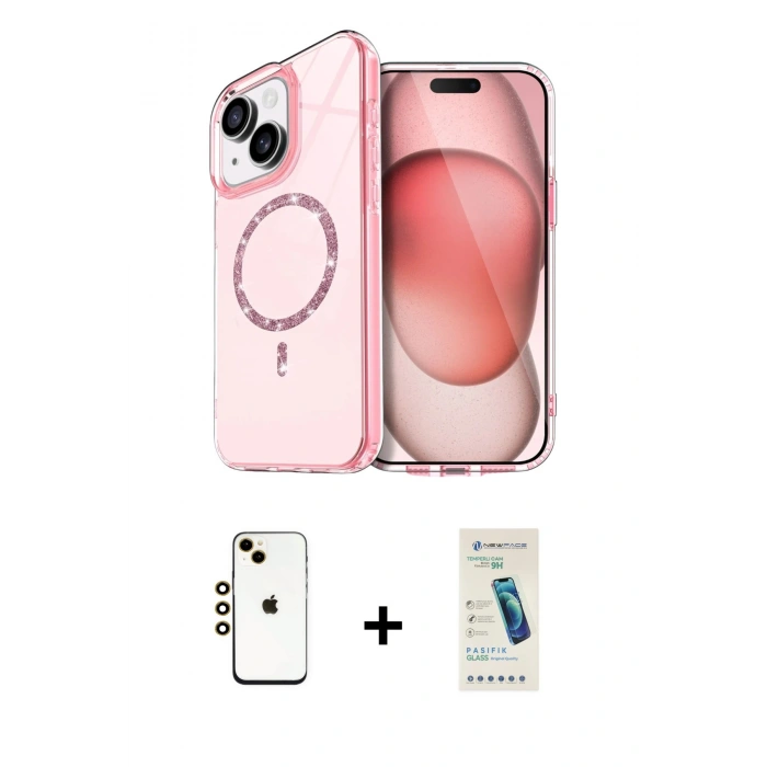 MARSİLYAN™- iPhone 14 Kılıf Kıvılcım Form Prime - Şeffaf Pasifik Cam Ekran Koruyucu + Shine Kamera Lens - GD