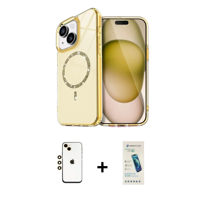 MARSİLYAN™- iPhone 14 Kılıf Kıvılcım Form Prime - Şeffaf Pasifik Cam Ekran Koruyucu + Shine Kamera Lens - GD