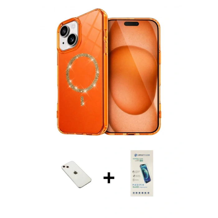 MARSİLYAN™- iPhone 14 Kılıf Kıvılcım Form Prime - Şeffaf Pasifik Cam Ekran Koruyucu + Diamond Kamera Lens - PE