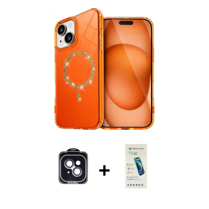 MARSİLYAN™- iPhone 14 Kılıf Kıvılcım Form Prime - Şeffaf Pasifik Cam Ekran Koruyucu + PVD Metal Kamera Lens - SH