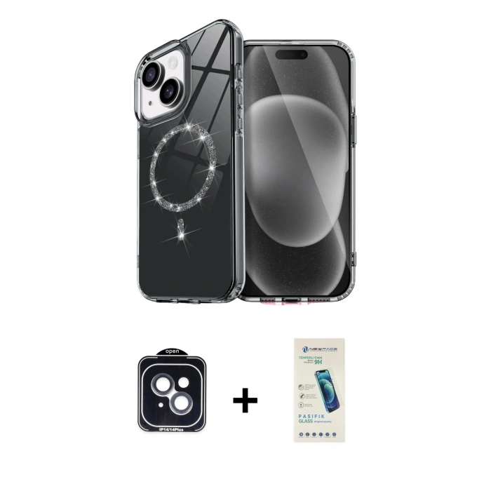 MARSİLYAN™- iPhone 14 Kılıf Kıvılcım Form Prime - Şeffaf Pasifik Cam Ekran Koruyucu + PVD Metal Kamera Lens - SH