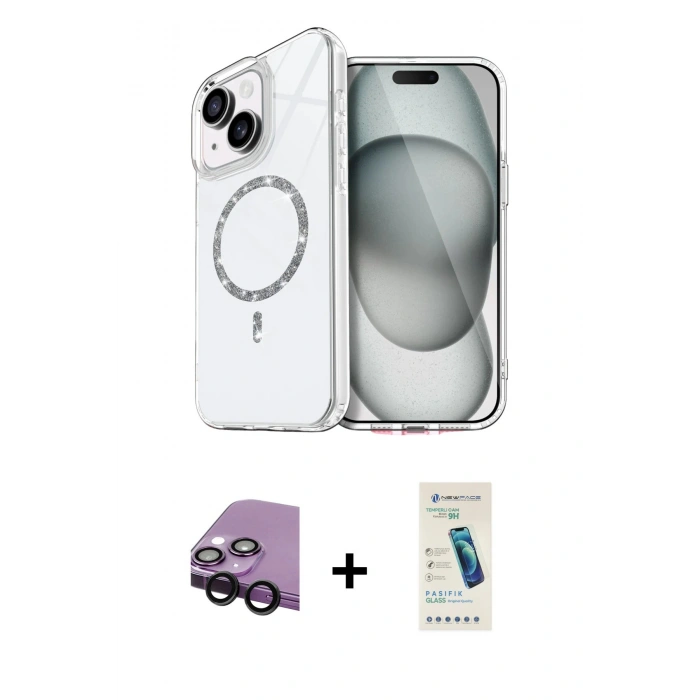 MARSİLYAN™- iPhone 14 Kılıf Kıvılcım Form Prime - Şeffaf Pasifik Cam Ekran Koruyucu + Raze Metal Kamera Lens - SH