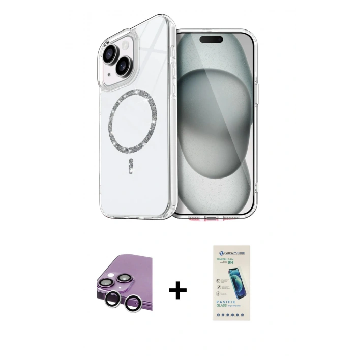 MARSİLYAN™- iPhone 14 Kılıf Kıvılcım Form Prime - Şeffaf Pasifik Cam Ekran Koruyucu + Raze Metal Kamera Lens - GS