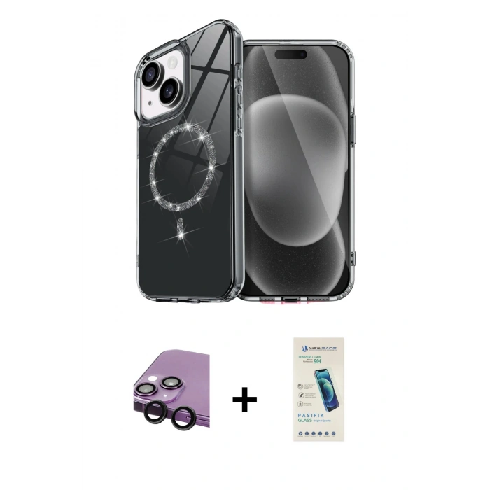 MARSİLYAN™- iPhone 14 Kılıf Kıvılcım Form Prime - Şeffaf Pasifik Cam Ekran Koruyucu + Raze Metal Kamera Lens - SH