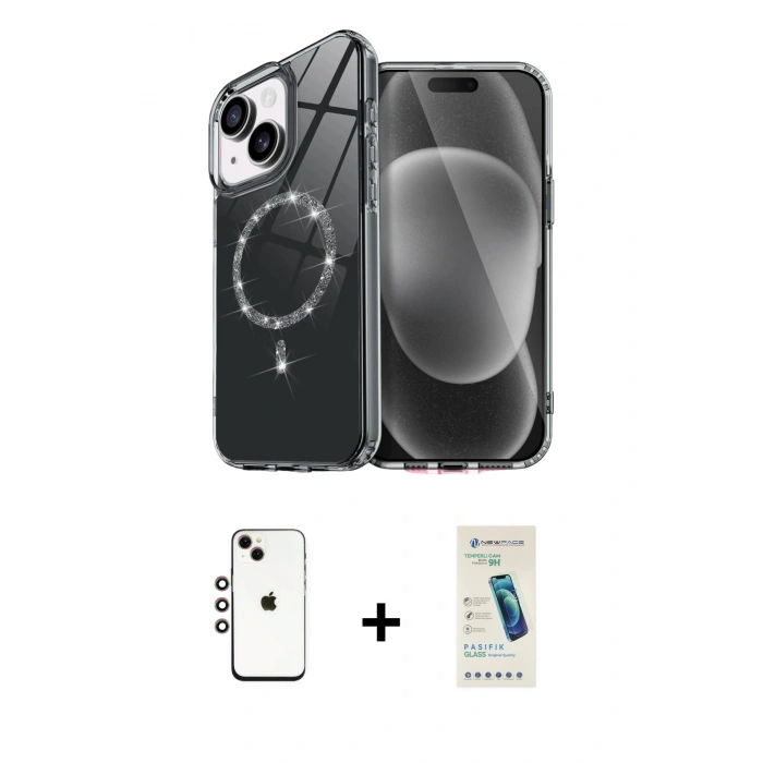 MARSİLYAN™- iPhone 14 Kılıf Kıvılcım Form Prime - Şeffaf Pasifik Cam Ekran Koruyucu + Shine Kamera Lens - GI