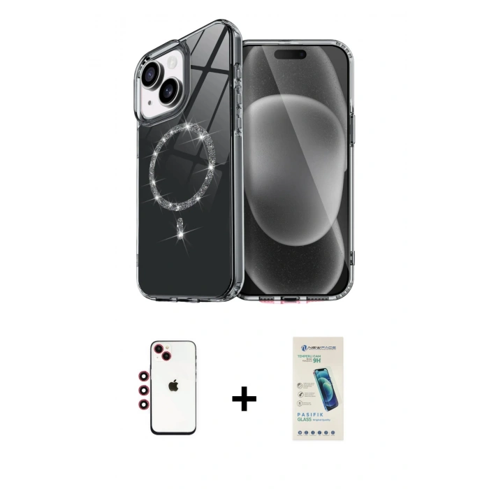MARSİLYAN™- iPhone 14 Kılıf Kıvılcım Form Prime - Şeffaf Pasifik Cam Ekran Koruyucu + Shine Kamera Lens - KI