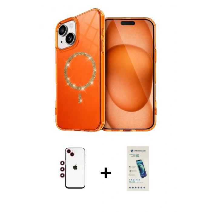 MARSİLYAN™- iPhone 14 Kılıf Kıvılcım Form Prime - Şeffaf Pasifik Cam Ekran Koruyucu + Shine Kamera Lens - KI