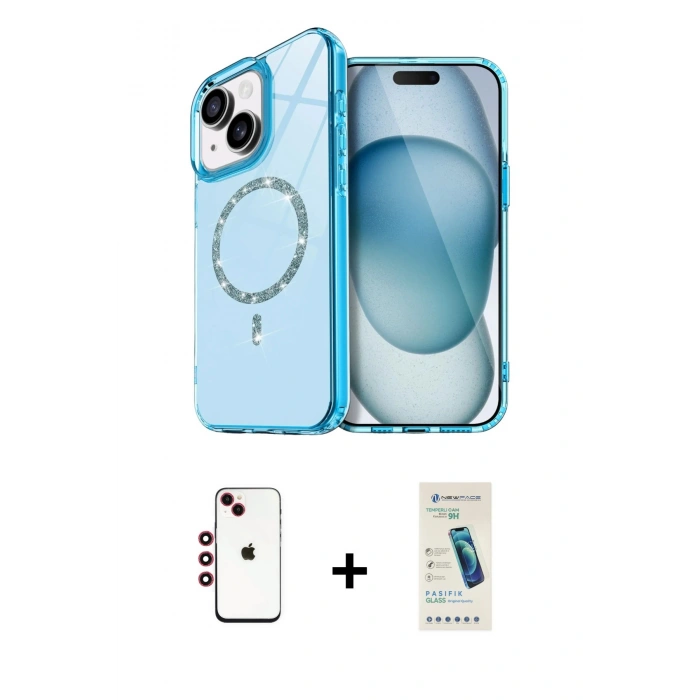 MARSİLYAN™- iPhone 14 Kılıf Kıvılcım Form Prime - Şeffaf Pasifik Cam Ekran Koruyucu + Shine Kamera Lens - KI