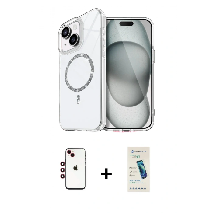 MARSİLYAN™- iPhone 14 Kılıf Kıvılcım Form Prime - Şeffaf Pasifik Cam Ekran Koruyucu + Shine Kamera Lens - KI