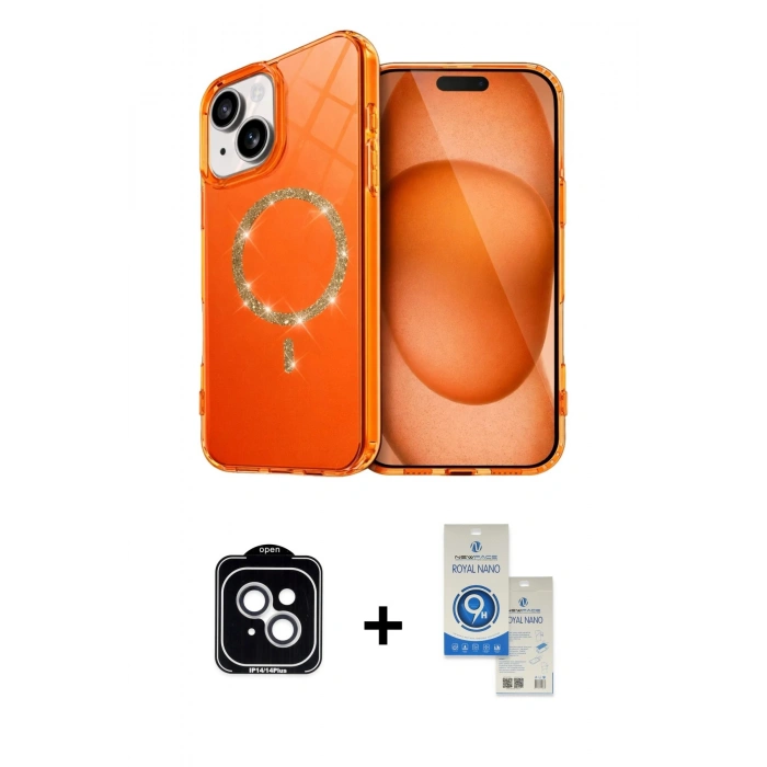 MARSİLYAN™- iPhone 14 Kılıf Kıvılcım Form Prime - Şeffaf Royal Nano Ekran Koruyucu + PVD Metal Kamera Lens - GS