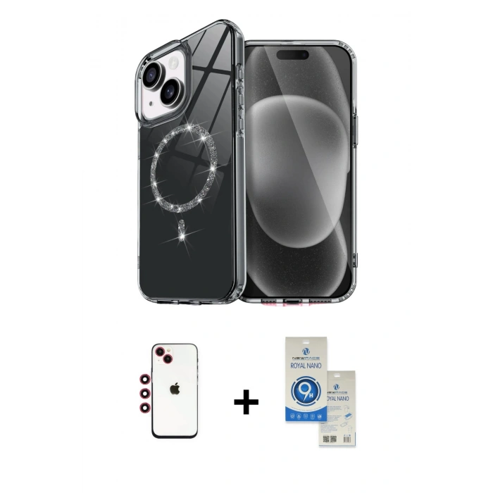 MARSİLYAN™- iPhone 14 Kılıf Kıvılcım Form Prime - Şeffaf Royal Nano Ekran Koruyucu + Shine Kamera Lens - KI