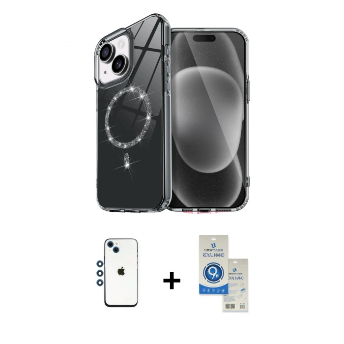 MARSİLYAN™- iPhone 14 Kılıf Kıvılcım Form Prime - Şeffaf Royal Nano Ekran Koruyucu + Mavi Shine Kamera Lens