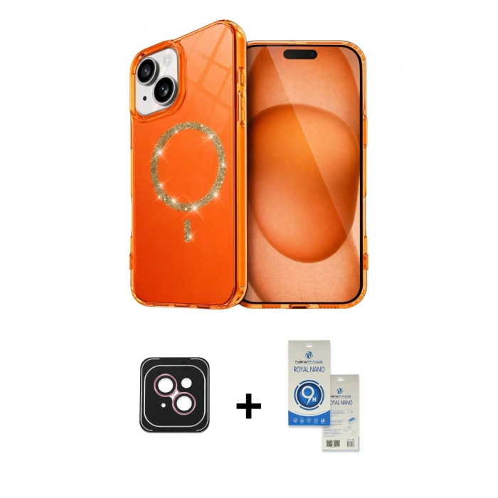 MARSİLYAN™- iPhone 14 Kılıf Kıvılcım Form Prime - Şeffaf Royal Nano Ekran Koruyucu + PVD Metal Kamera Lens - PE