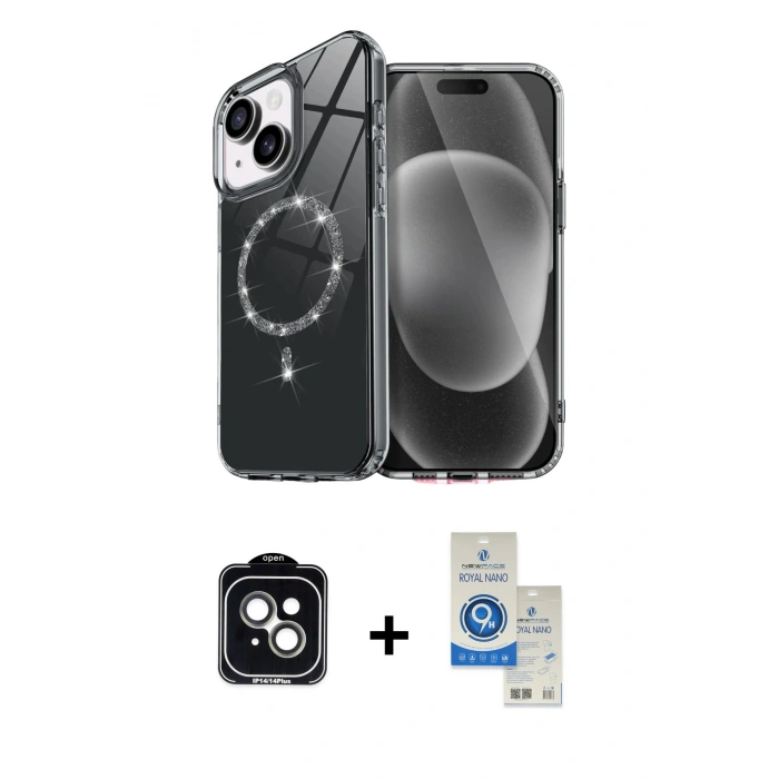 MARSİLYAN™- iPhone 14 Kılıf Kıvılcım Form Prime - Şeffaf Royal Nano Ekran Koruyucu + PVD Metal Kamera Lens - YL