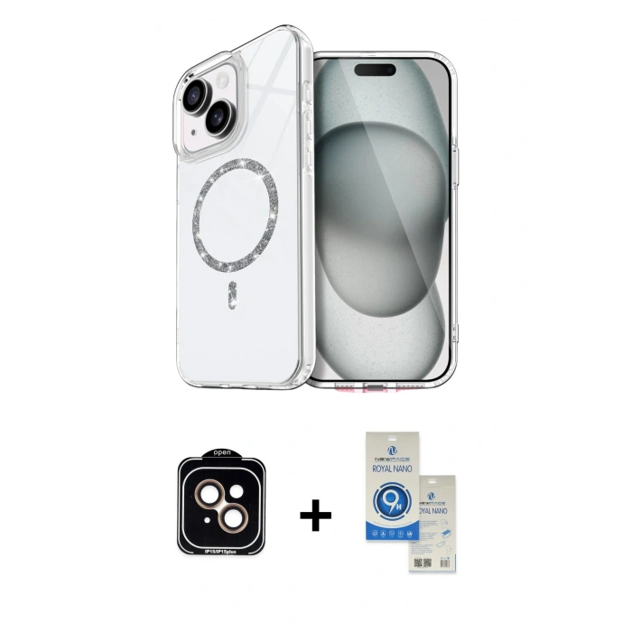 MARSİLYAN™- iPhone 14 Kılıf Kıvılcım Form Prime - Şeffaf Royal Nano Ekran Koruyucu + PVD Metal Kamera Lens - TU