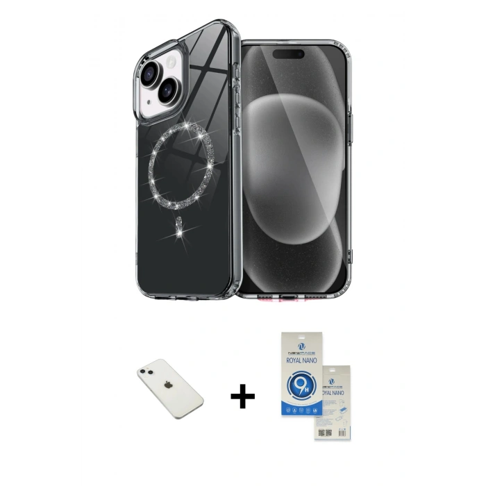 MARSİLYAN™- iPhone 14 Kılıf Kıvılcım Form Prime - Şeffaf Royal Nano Ekran Koruyucu + Diamond Kamera Lens - SABE