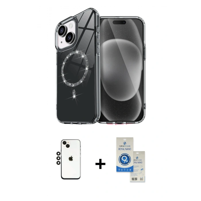 MARSİLYAN™- iPhone 14 Kılıf Kıvılcım Form Prime - Şeffaf Royal Nano Ekran Koruyucu + Shine Kamera Lens - SH