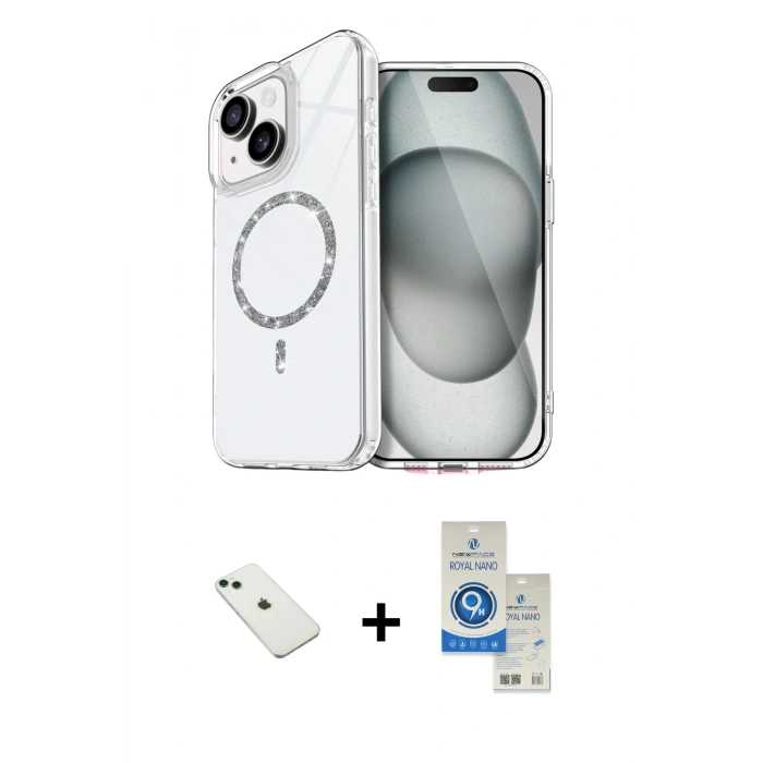MARSİLYAN™- iPhone 14 Kılıf Kıvılcım Form Prime - Şeffaf Royal Nano Ekran Koruyucu + Yeşil Diamond Kamera Lens